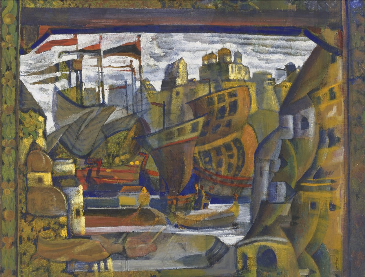 Le Marche de Novgorod - Novgorod Pazarı. Sadko operası için sahne tasarımı N. Rimsky-Korsakov, Roerich, Nicholas (1874-1947). Tuval üzerine tempera by Nicholas Roerich