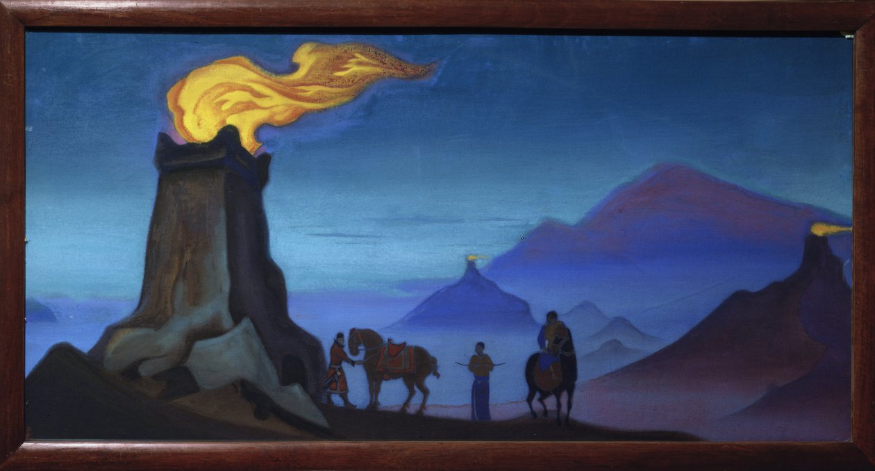 Zaferin Alevleri. (Himalaya dağlarındaki binicilerin siluetleri, akşam). Nicholas Roerich