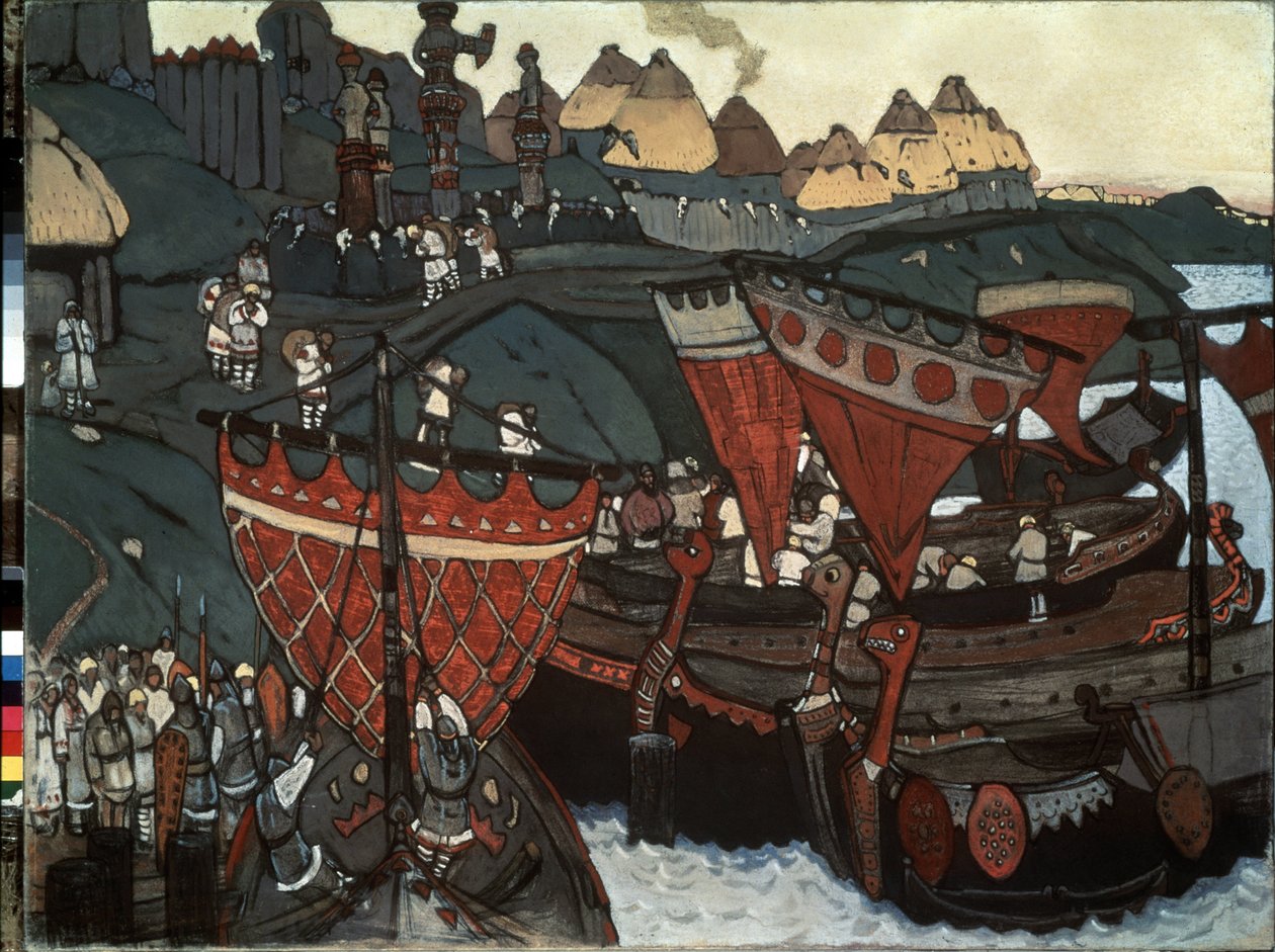 Dinyeper'deki Slavlar: Nehri ödünç alan Varanglılar (veya Ruslar) (Dinyeper'daki Slavlar). Nicholas Roerich (1874-1947), karton üzerine tempera ve pastel çalışması by Nicholas Roerich