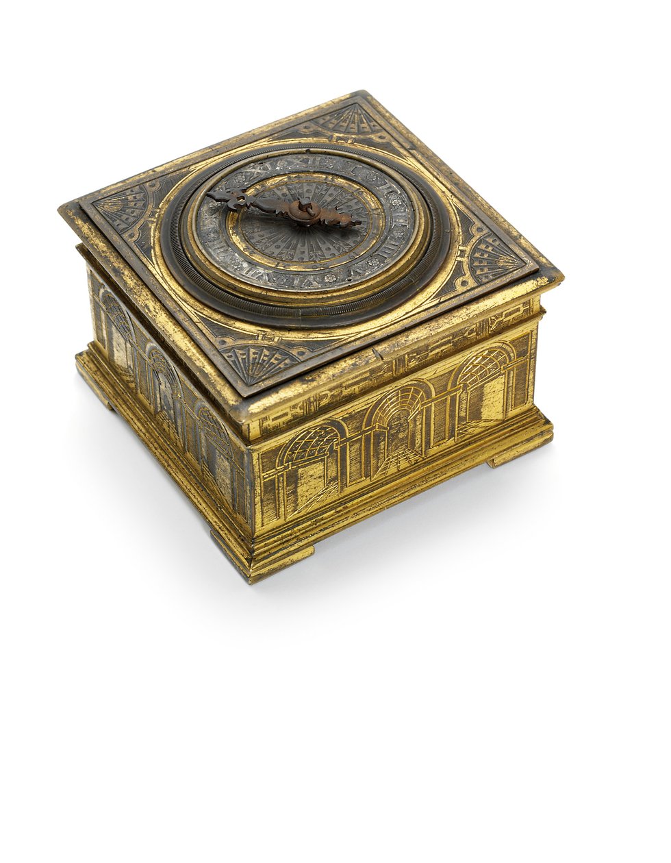 Elizabeth I kazınmış çarpıcı yatay masa saati, c.1590-1600 by Nicholas Vallin
