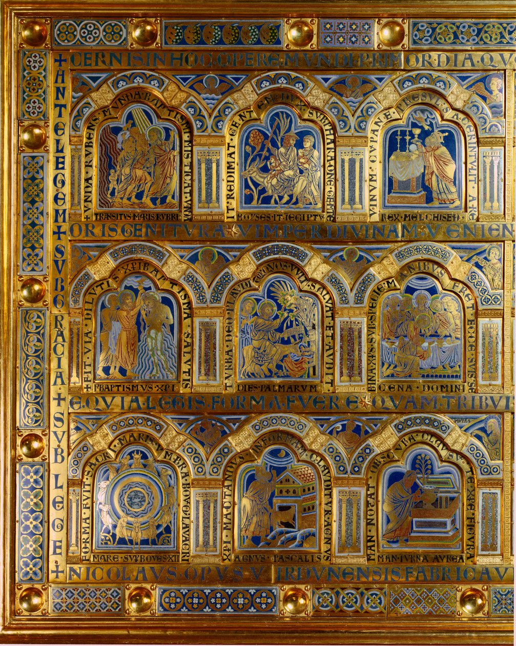 Nicolas de Verdun tarafından altın ve emayeden yapılmış Verdun Sunağı (yaklaşık 1130/50-1205): Eski ve Yeni Ahit'ten sahneler (Kızıl Deniz'i geçme, Kral Melchisedech (Melchisedec veya Melchizedek veya Melkisedeq veya Melki-Tsedeq veya Melki Tsedeq) by Nicholas of Verdun