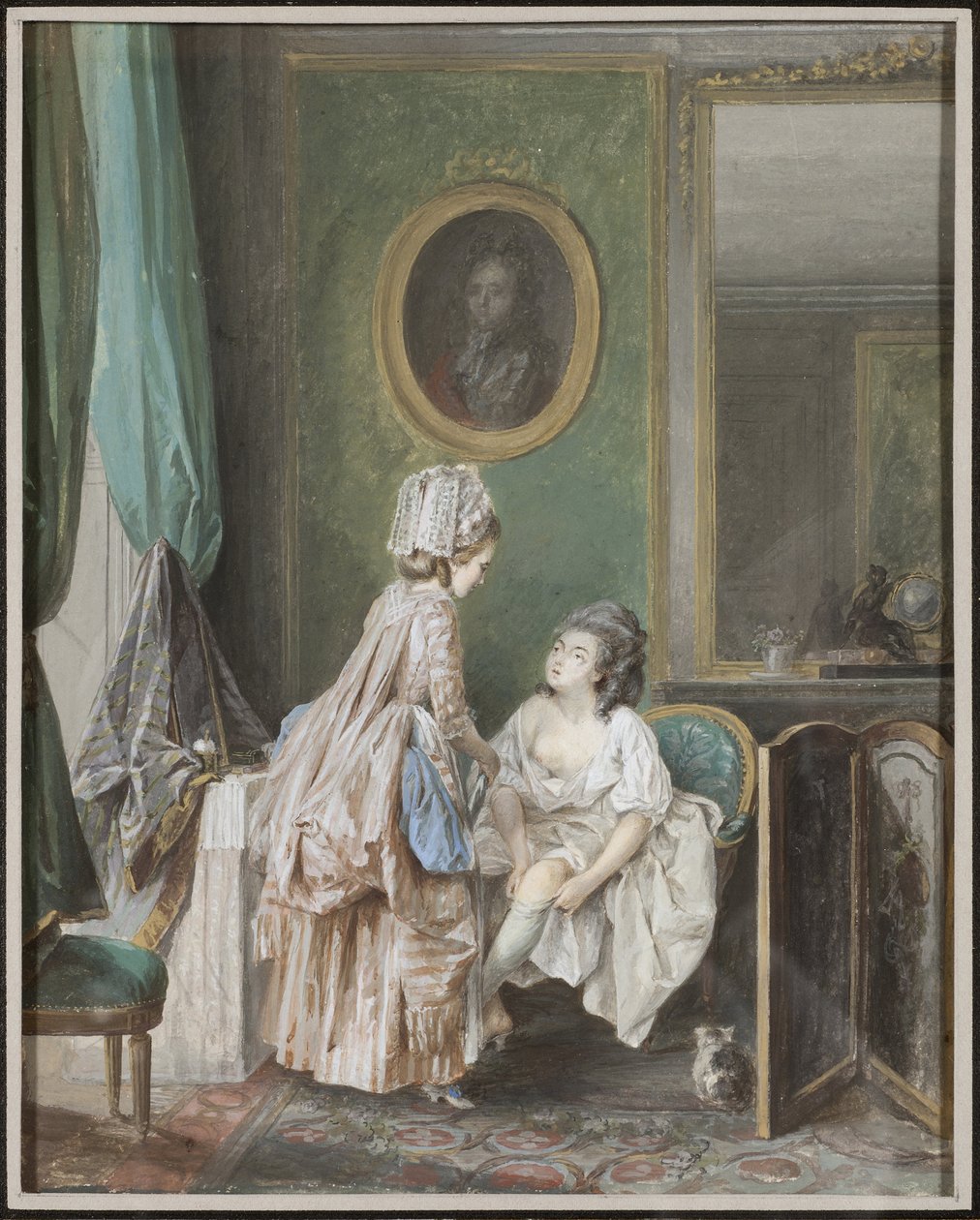 Çoraplarını giyen kadın - Çorabını çeken kadın, yazan Lafrensen, Niclas (Nicolas Lavreince) (1737-1807). Kağıt üzerinde guaş by Niclas II Lafrensen
