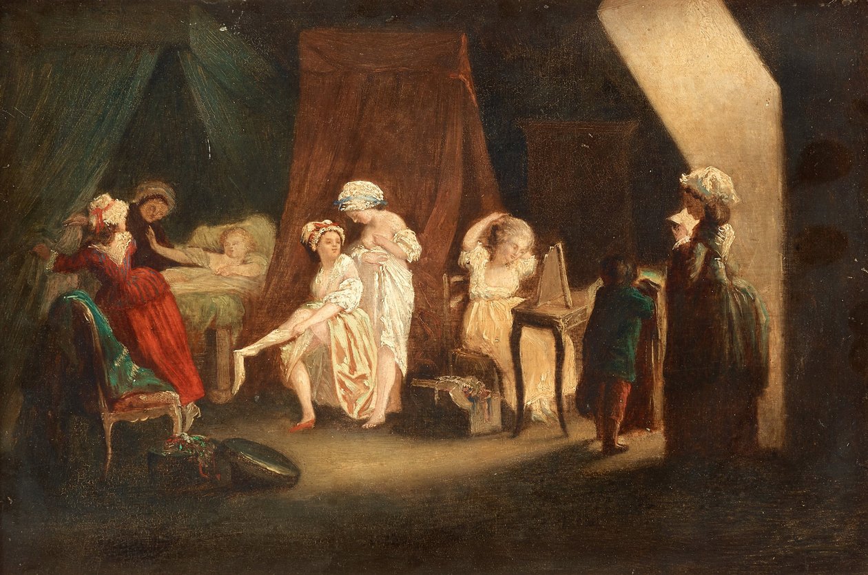 Lever des ouvrieres en modda, Lafrensen, Niklas (Nicolas Lavreince veya Lavrince) (1737-1807). Ahşap üzeri yağlı boya, ebat: 27x39, , Özel Koleksiyon by Niclas II Lafrensen
