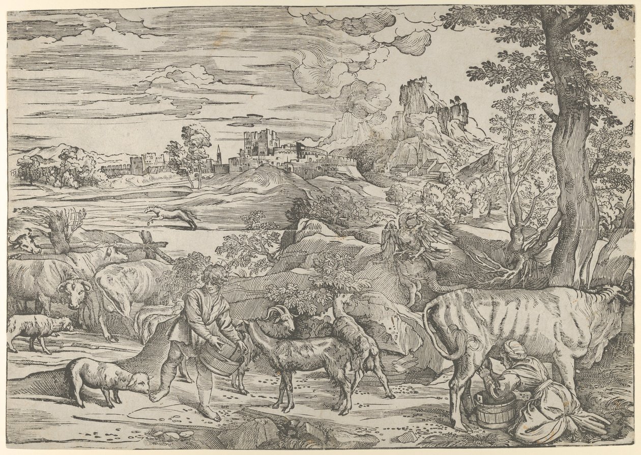 Sağda bir sütçü kız ve solda bir oğlan çocuğu olan manzara, yaklaşık. 1535-40., yakl. 1535-40. by Nicolò Boldrini