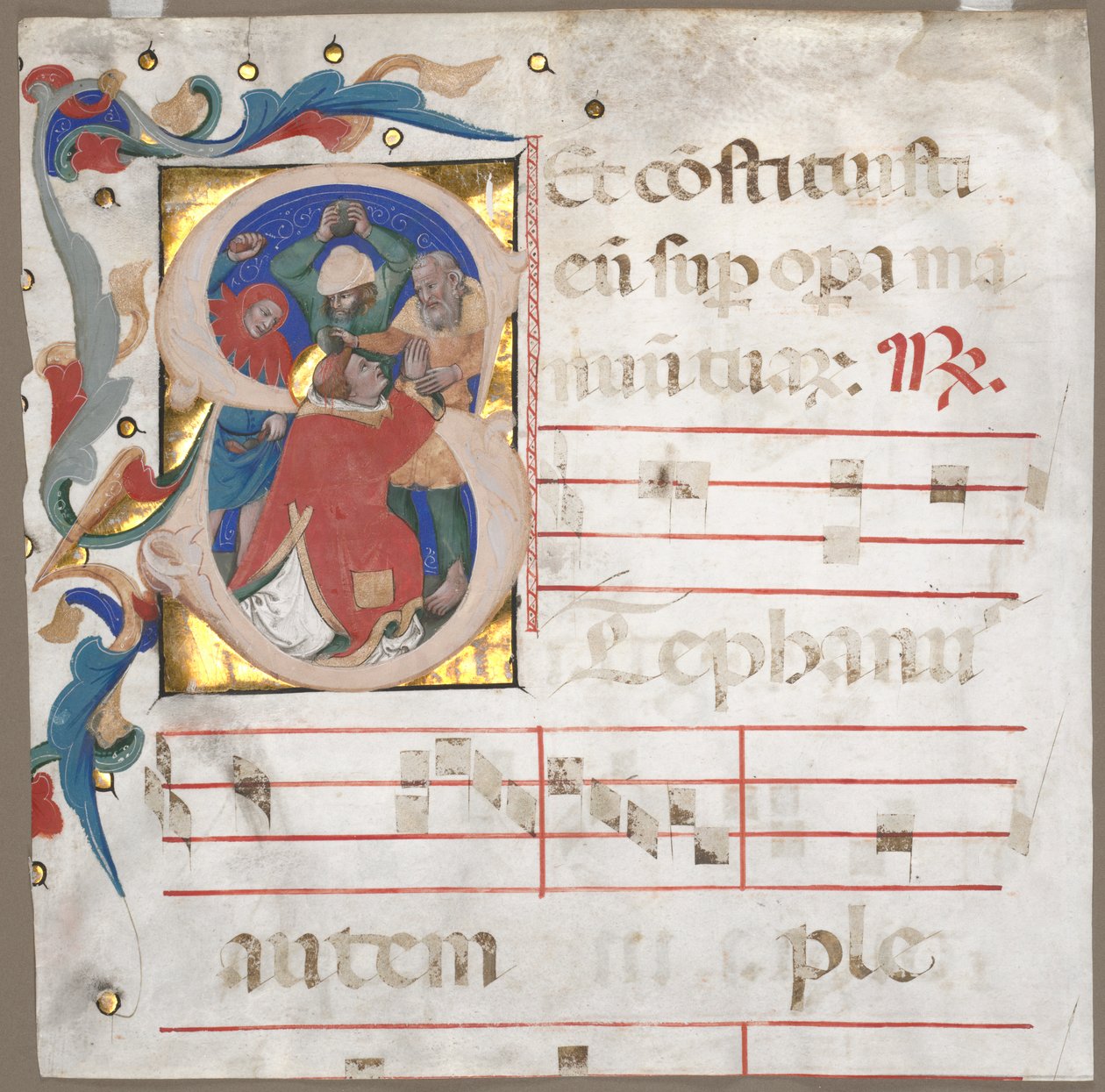 Tarihlendirilmiş Baş Harfine Sahip Bir Antiphonary Parçası (S): St. Stephen'ın Taşlanması by Nicolò da Bologna