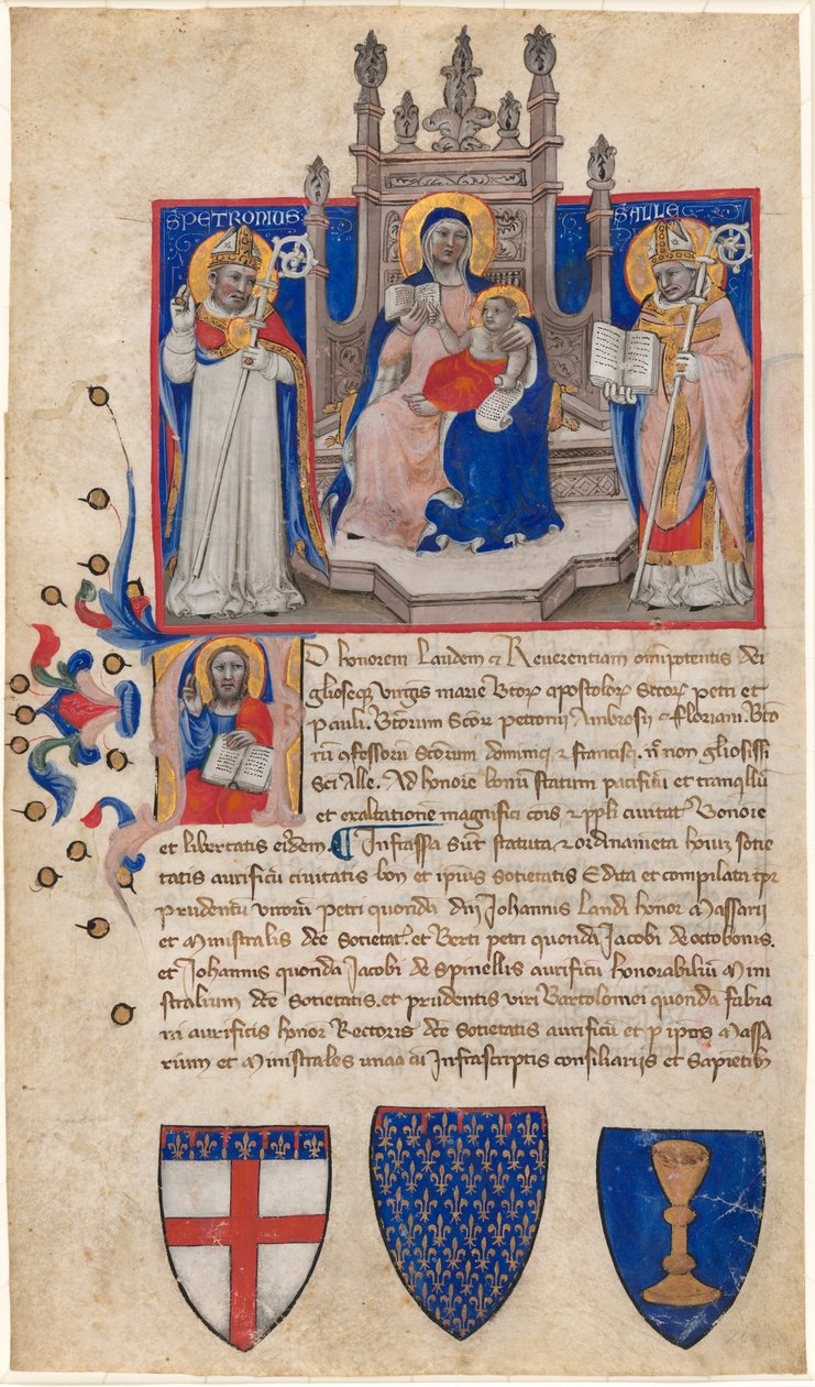 Aziz Petronius ve Alle (Eligius) arasında Madonna ve Çocuk Enthroned; İlk A