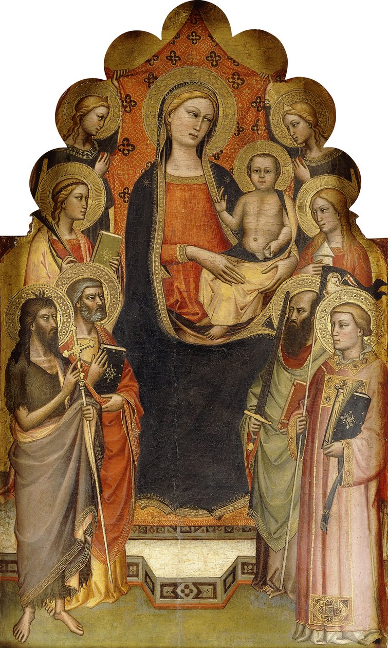 Madonna ve Çocuk, Azizler Vaftizci Yahya, Peter, Mary Magdalen, Paul ve Stephen, bir Kadın Şehit Aziz ve Melekler ile taçlandırılmıştır, by Nicolò di Pietro