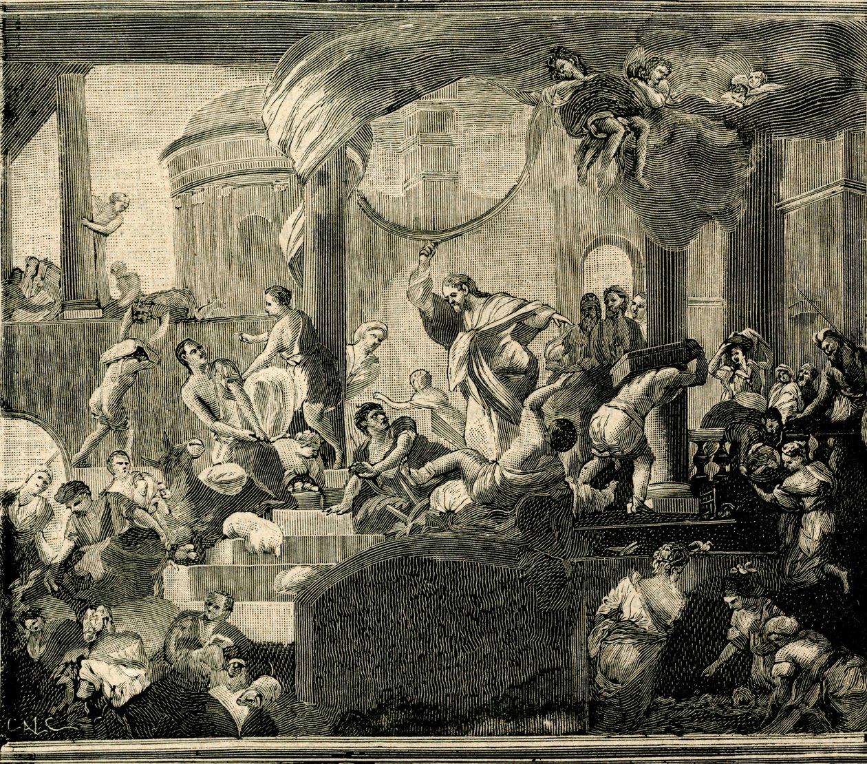 İsa tüccarları Tapınaktan sürüyor, tuval üzerine yağlı boya, Nicola Malinconico (1663-1721), Sant'Agata Bazilikası, Gelibolu, Apulia, İtalya by Nicola Malinconico