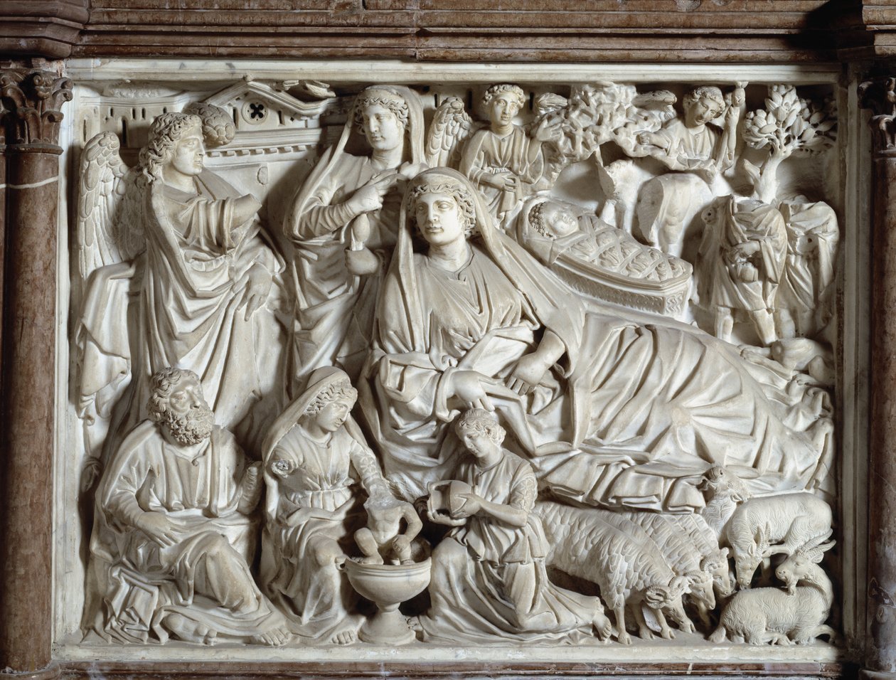 Nicola Pisano (1215 / 20-1278 / 84) (Mermer minber) 1260 Baptistere Saint John of Pisa (Battistero San Giovanni di Pisa), İtalya tarafından gerçekleştirilen Müjde ve Doğuş Kürsüsü by Nicola Pisano