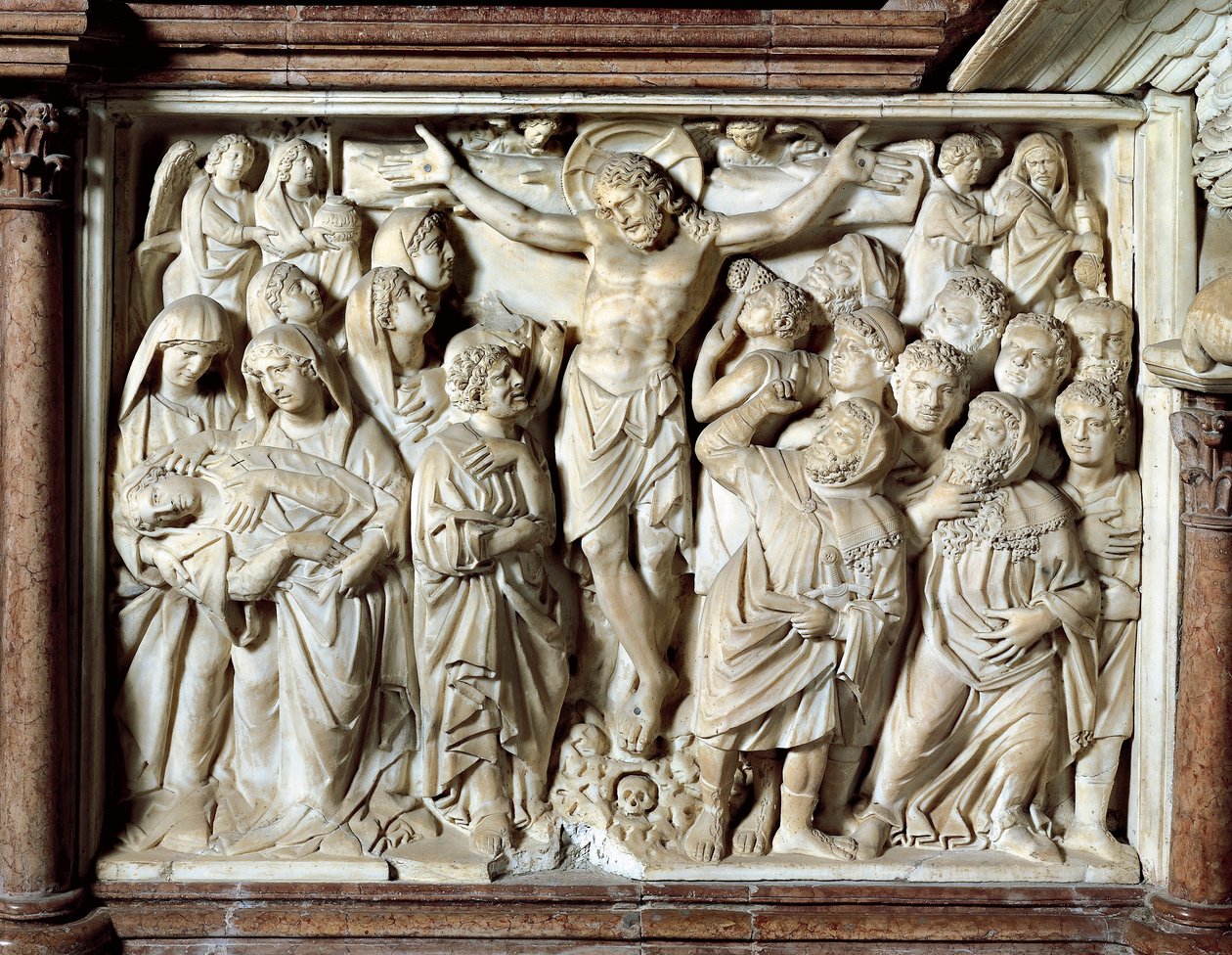 İtalya, Toskana, Pisa, Piazza dei Miracoli, katedral, mermer minber, Giovanni Pisano tarafından çarmıha gerilmiş panel by Nicola Pisano
