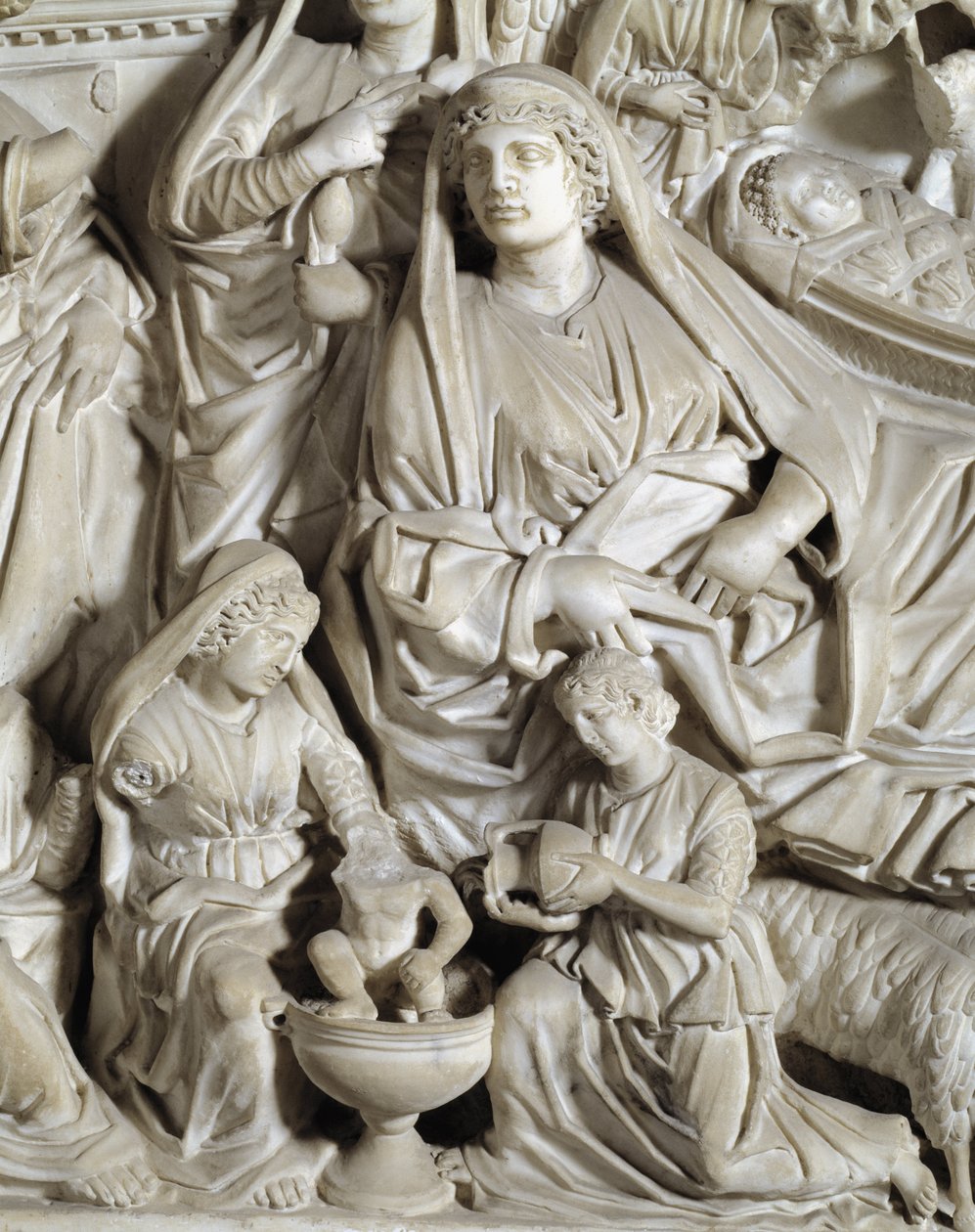La nativite (doğuş) Detay Sandalye Nicola Pisano (1215 / 20-1278 / 84) (Mermer minber) 1260 Baptistere Saint John of Pisa (Battistero san Giovanni di Pisa), İtalya by Nicola Pisano