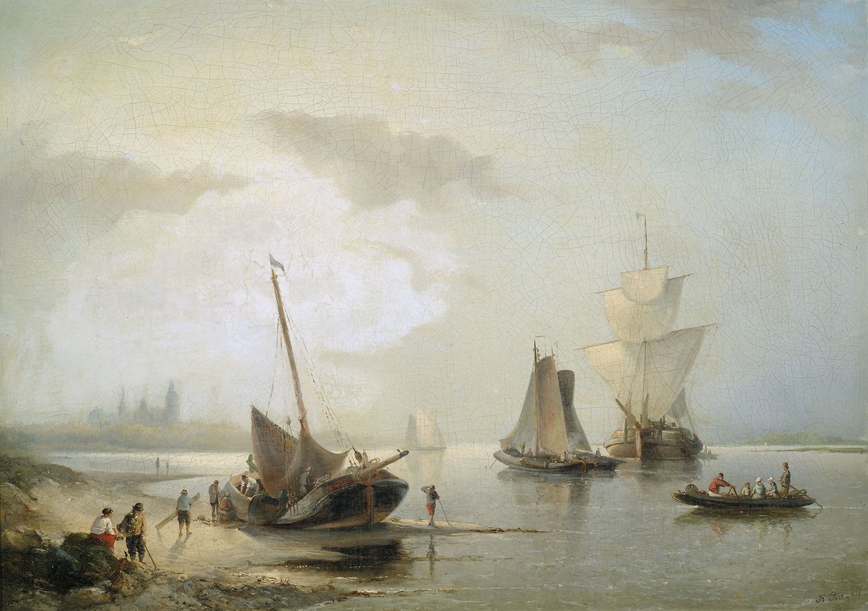 Sabah ışığında Hollanda kıyılarında yelkenli gemiler by Nicolaas Riegen