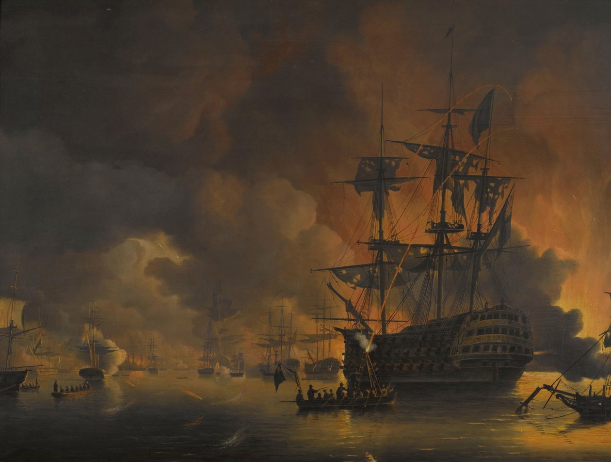 27 Ağustos 1816, İngiliz-Hollanda Filosu tarafından bombardımanın başlamasından kısa bir süre sonra Cezayir Rıhtımlarında çıkan yangın Cezayir Körfezi