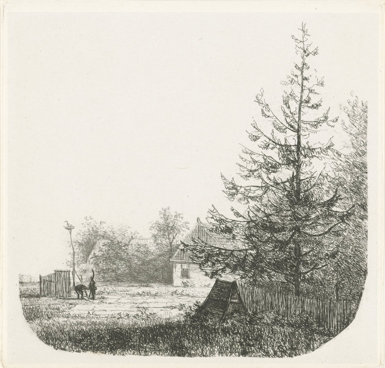 Bir leylek yuvası ile ağaçlarla dolu manzara by Nicolaas Johannes Roosenboom