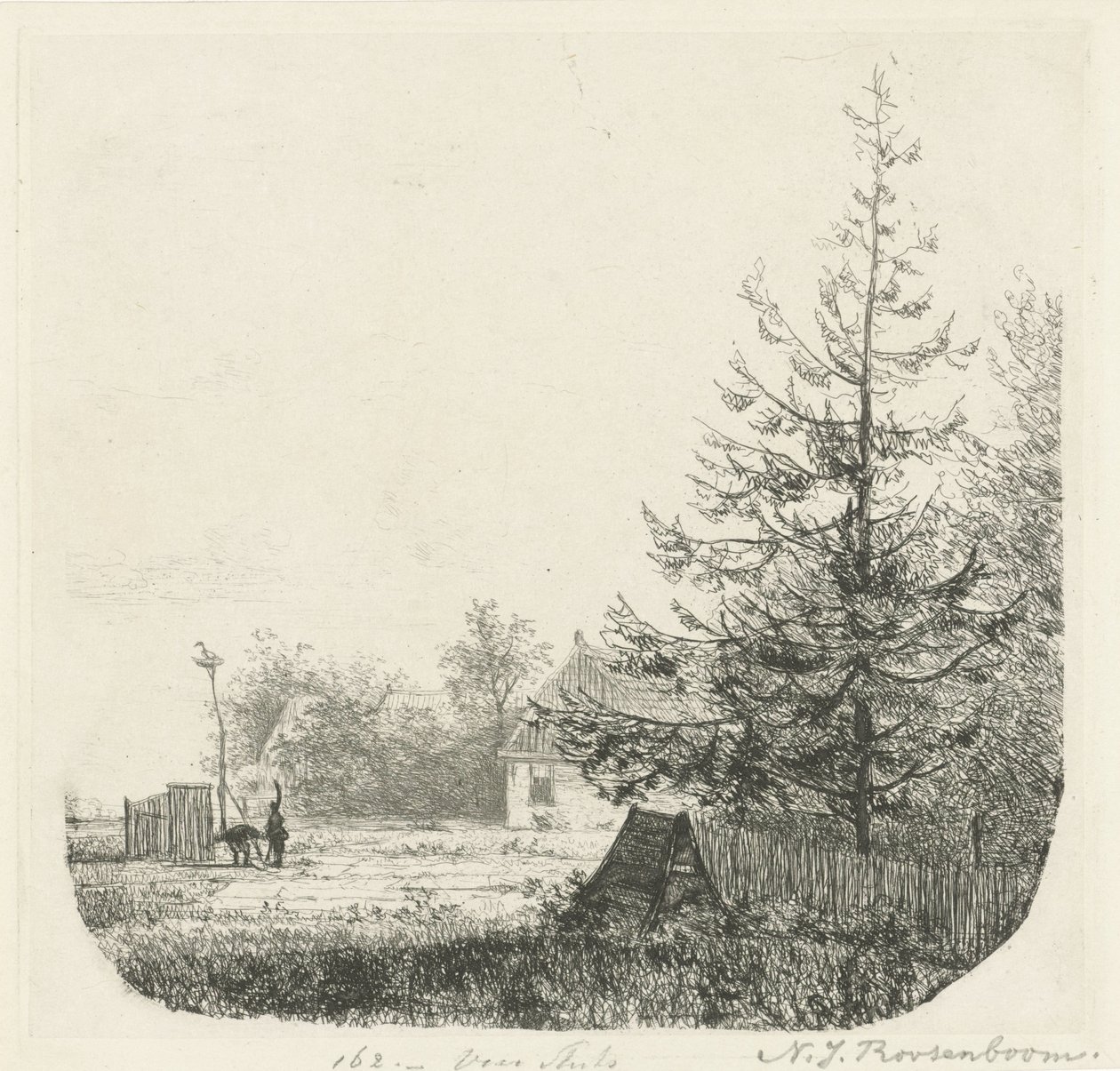 Bir leylek yuvası ile ağaçlarla dolu manzara by Nicolaas Johannes Roosenboom