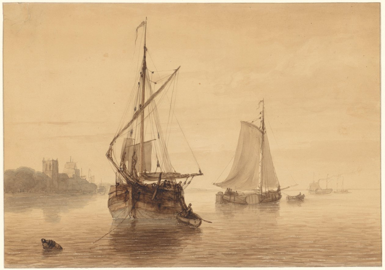 Bazı gemiler ile nehir manzarası by Nicolaas Johannes Roosenboom