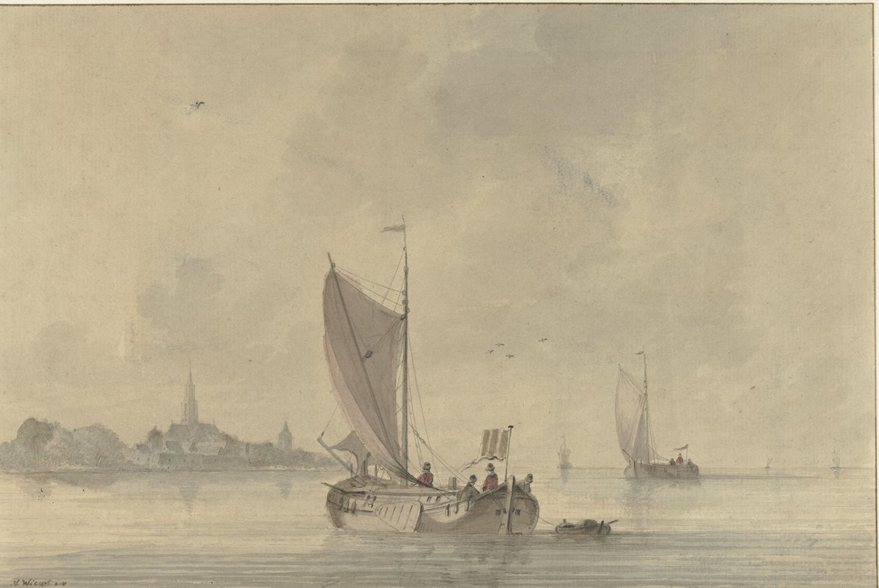 Hollandalı bir kasabanın önünde su üzerinde yelkenli mavnalar by Nicolaas Wicart