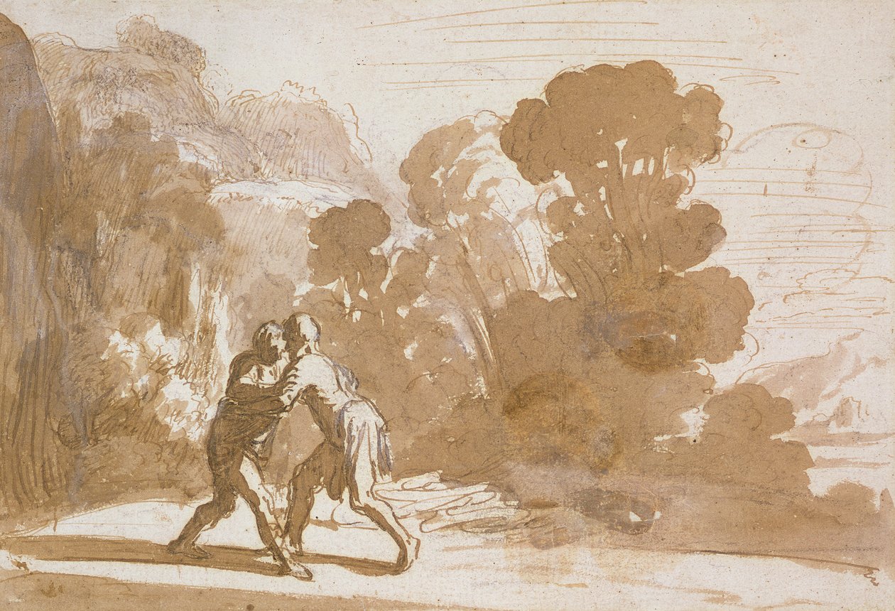 No.3192 Jacob Bir Melekle Güreşi, c.1605-10 (yıkamalı kalem ve mürekkep) by Nicolaes Cornelisz Moeyaert