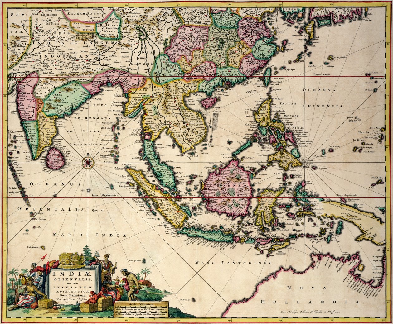 Güney Japonya, Filipinler, Malay Yarımadası ve Endonezya takımadaları yoluyla Hindistan ve Seylan'dan kuzeybatı Avustralya'ya uzanan genel harita by Nicolaes Jansz Visscher