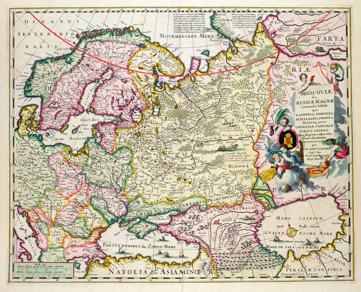 Norveç, İsveç, Danimarka, Laponya, Polonya, Türkiye, Rusya ve Moskova bölgesini gösteren Küçük Asya Haritası, c.1626 (el renkli plaka gravürü) by Nicolaes Jansz Visscher