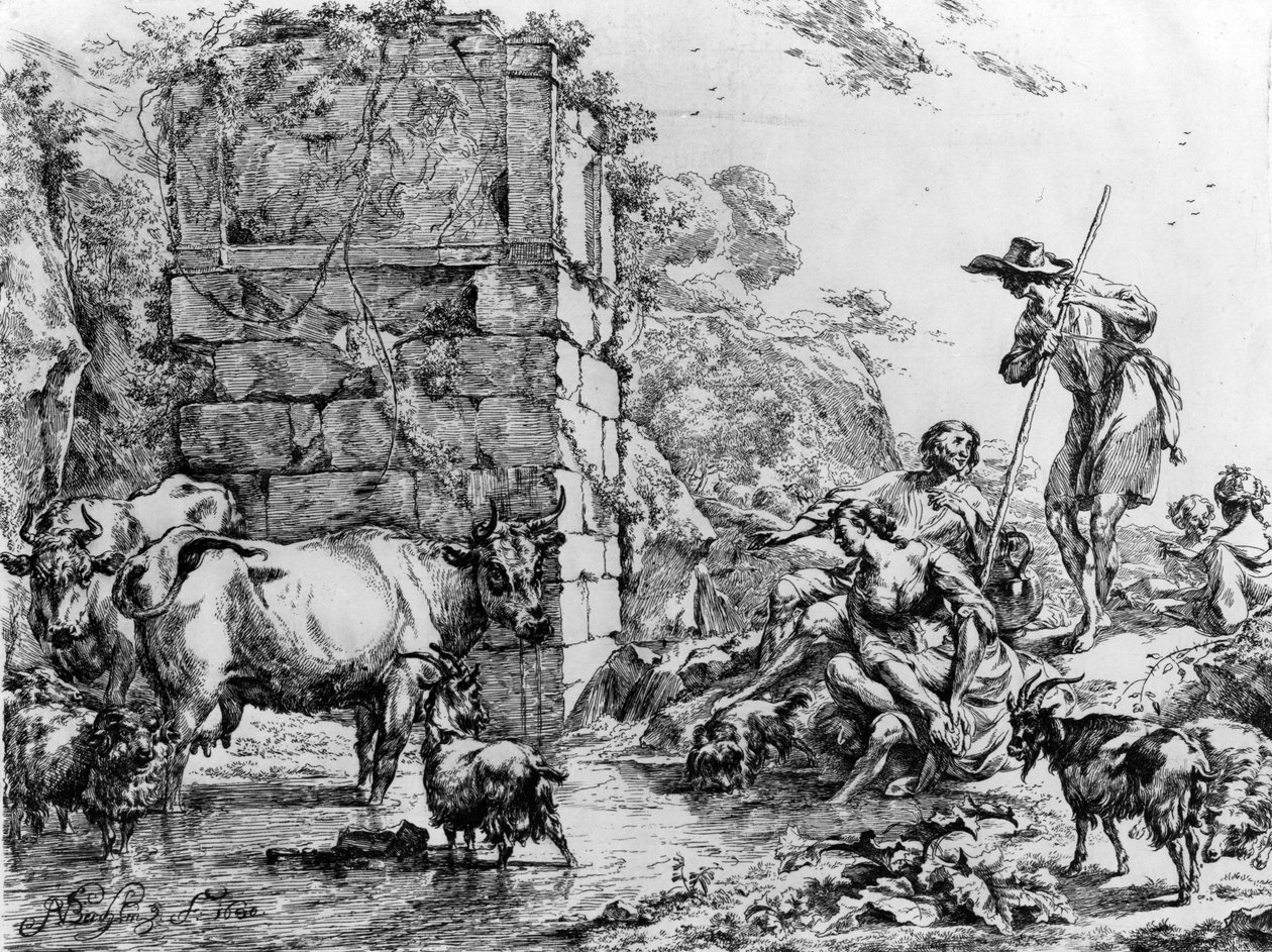 Cows and goats drinking at a pond  by Nicolaes Pietersz. Berchem