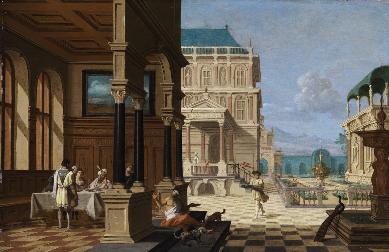 Palace courtyard with loggia and Figures by Nicolaes de Giselaer