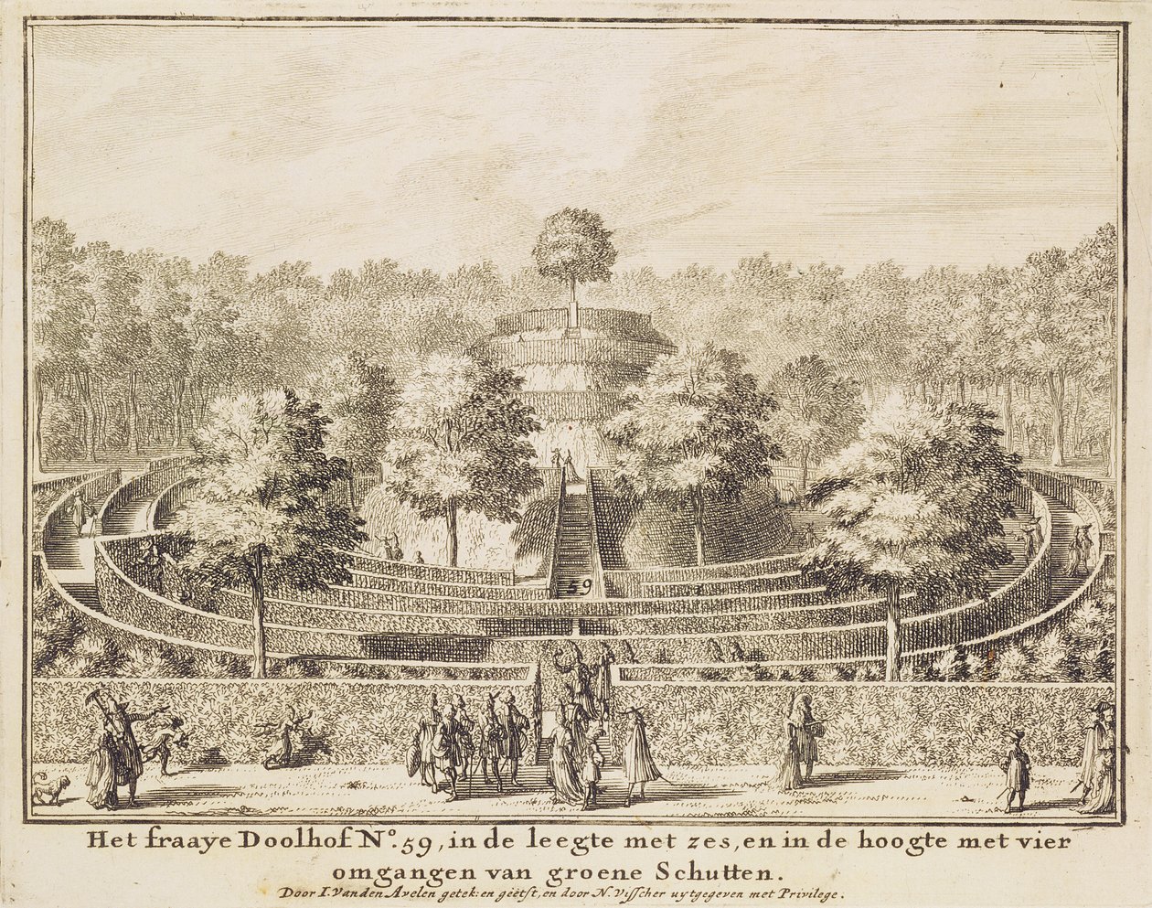 Johannes Van den Aveele (d.1727) tarafından oyulmuş, dört çıkışlı ve merkezi bir höyüklü budama sanatı labirenti by Nicolaes Jansz Visscher