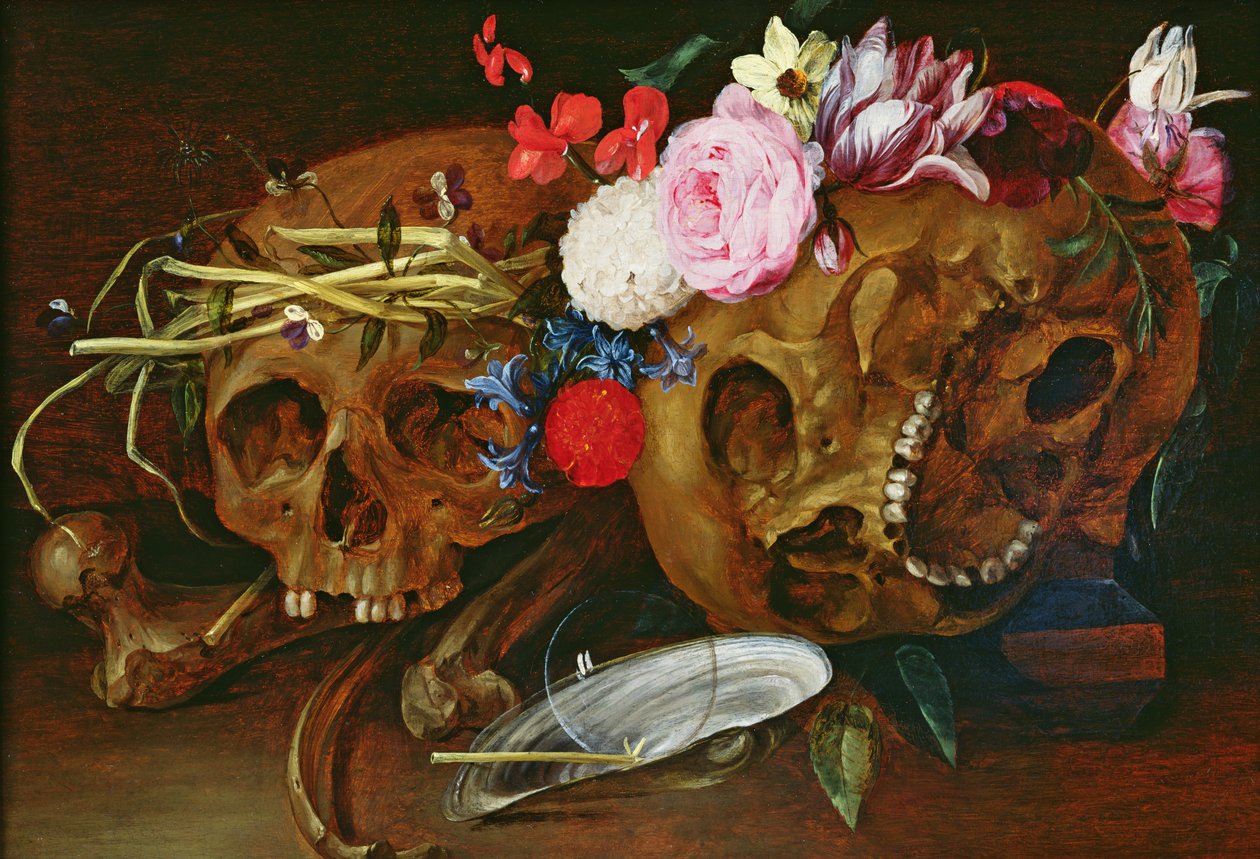 Vanitas Still Life with Skulls, Flowers, a pearl mussel shell, a bubble and straw  by Nicolaes van Veerendael