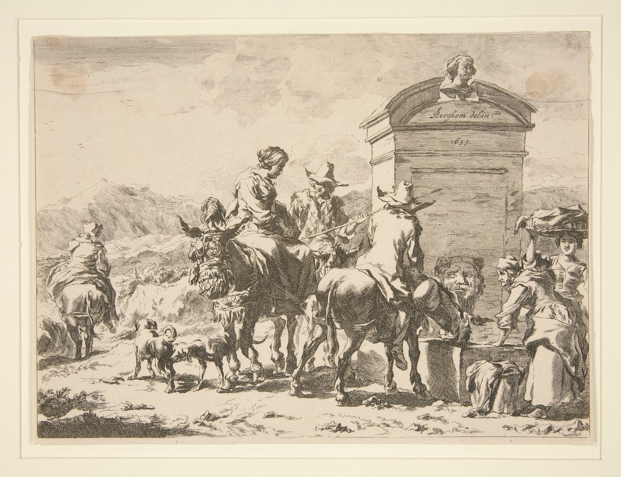 İsimsiz - İnsanların eşekler ve bir mezar taşı üzerinde olduğu tür sahnesi by Nicolaes Berchem