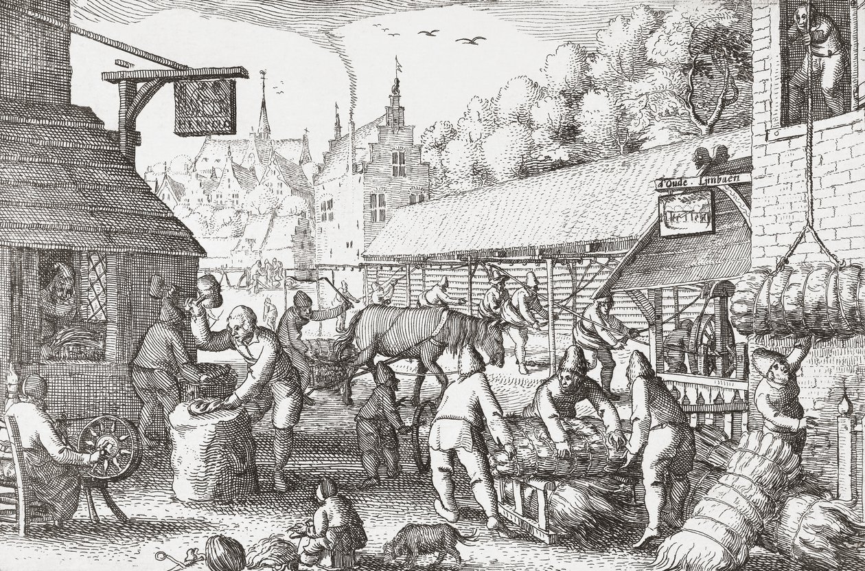 17. yüzyılda Hollandalı köylüler ip yapıyor by Nicolaes Jansz Visscher