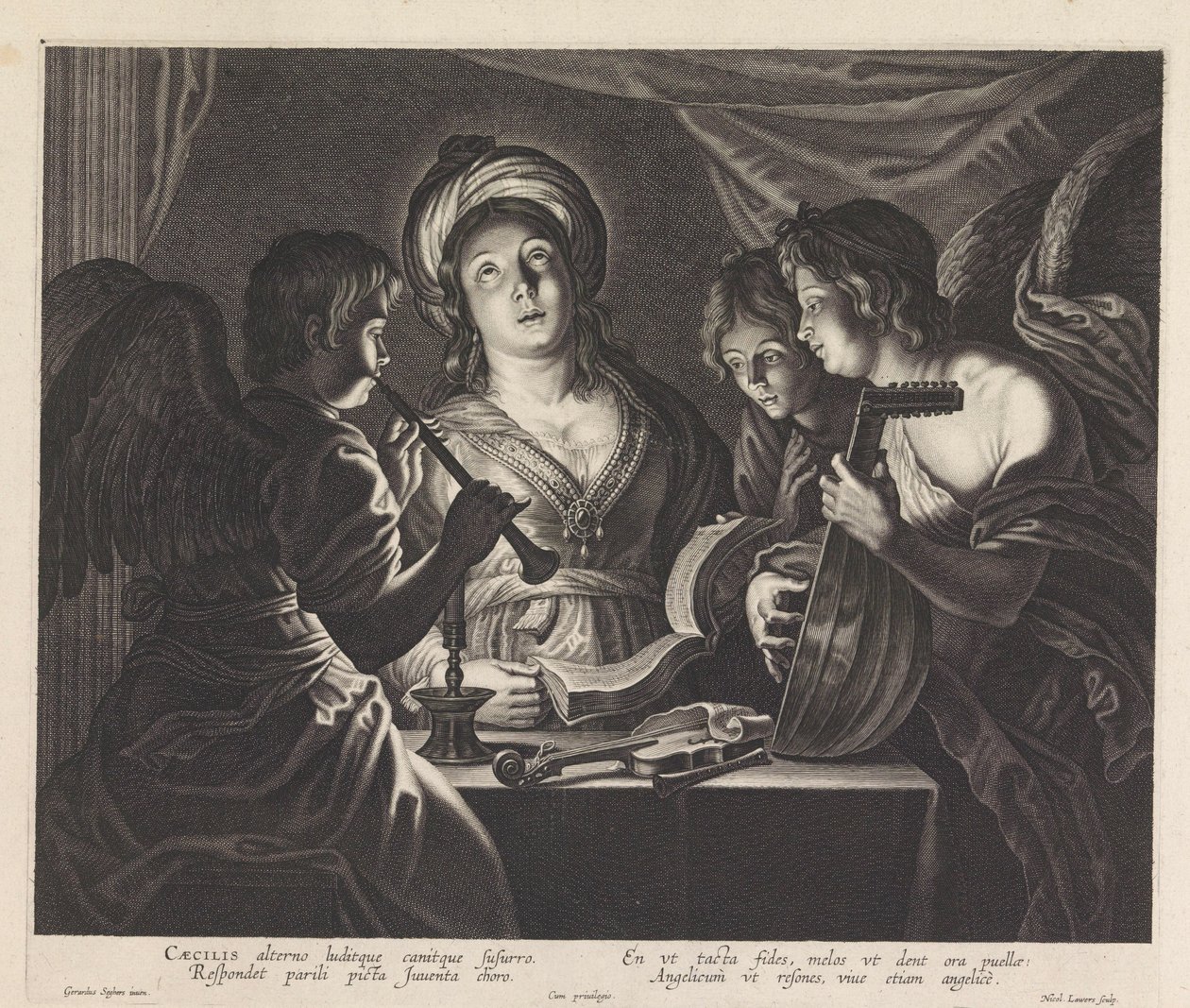 H. Cecilia ve müzik yapan üç melek by Nicolaes Lauwers