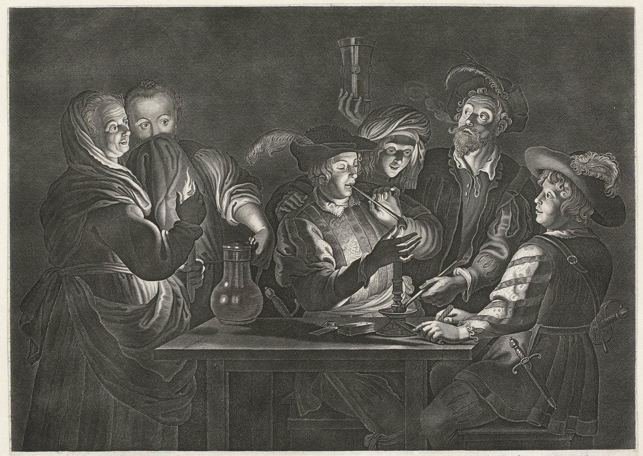 Erkekler bir handa sigara ve içki by Nicolaes Lauwers