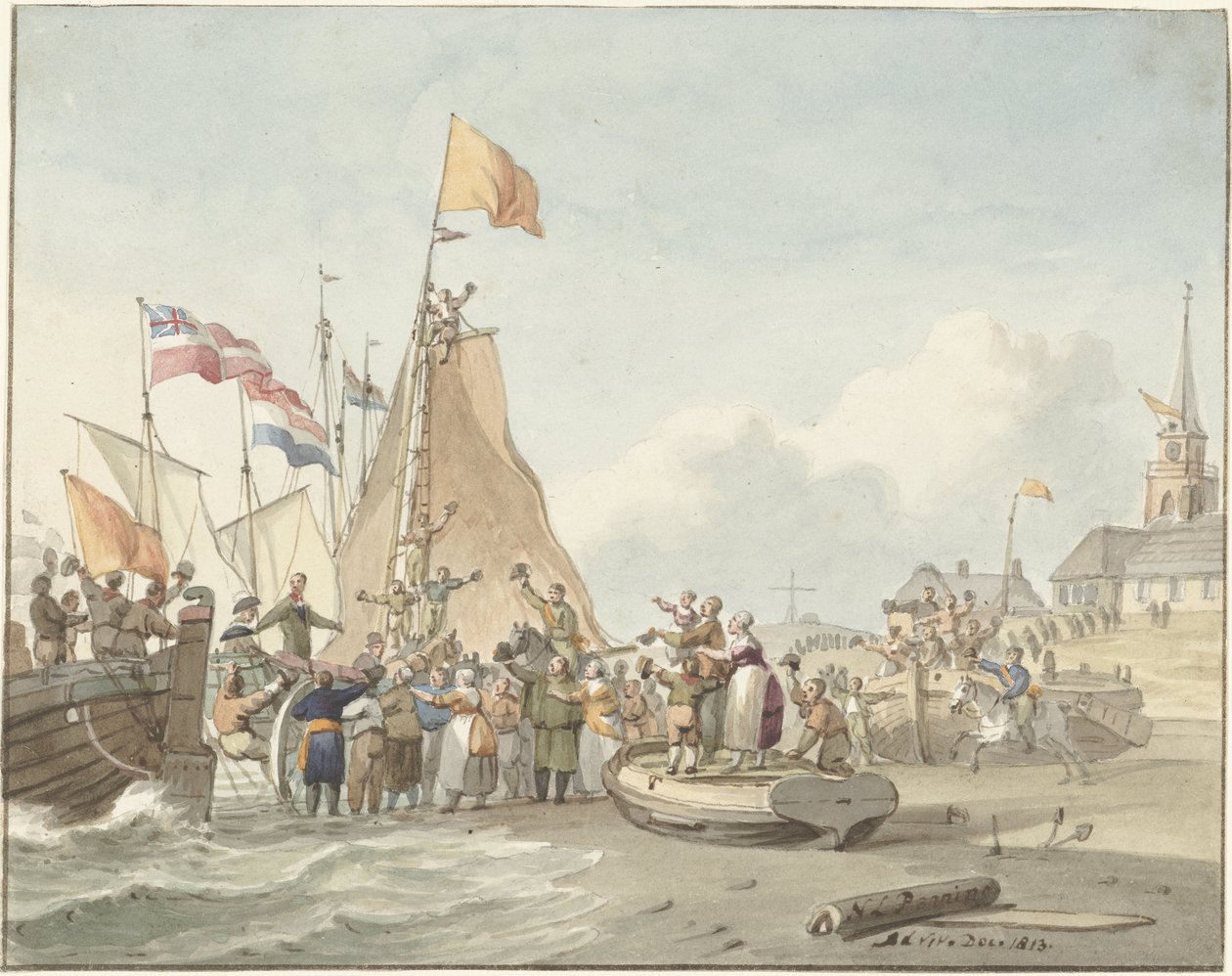 Prens Willem Frederik'in 30 Kasım 1813'te Scheveningen'e gelişi by Nicolaes Lodewick Penning (signed by artist)