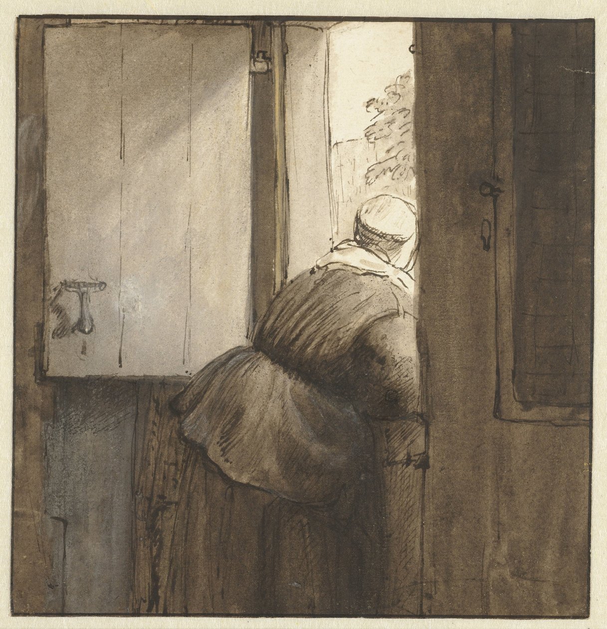 Kadın kapının altından eğildi by Nicolaes Maes (possibly)