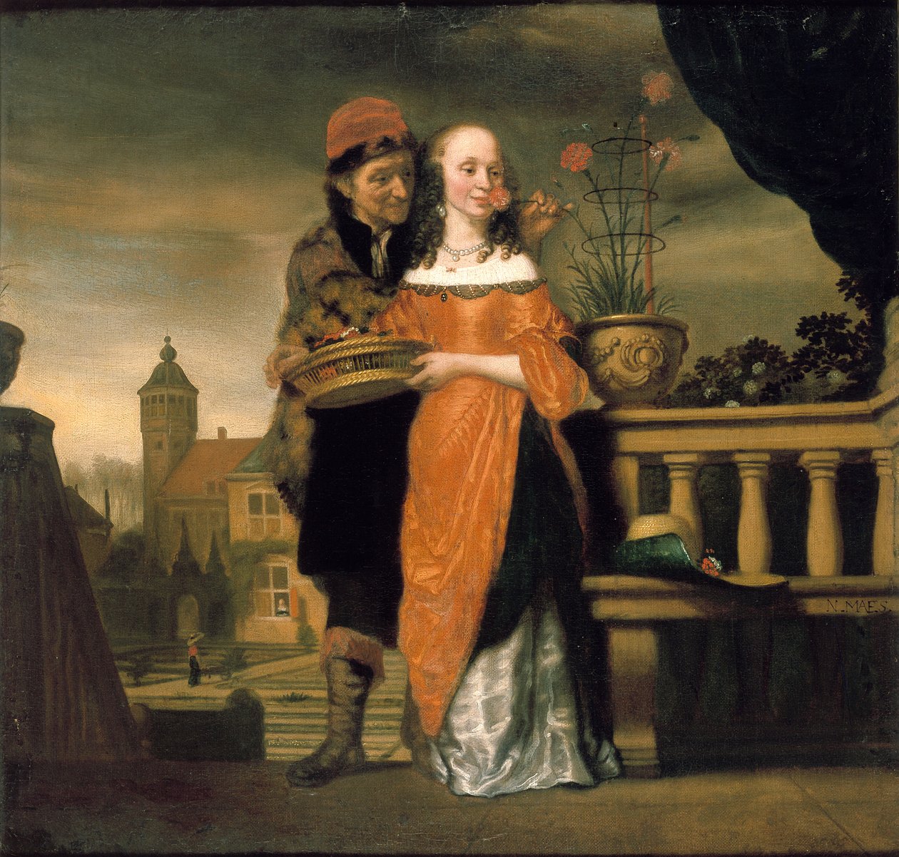 Bir Kadının Burnuna Karanfil Tutan Bir Adam: Koku Duyusuna İlişkin Bir Alegori, 1660 öncesi by Nicolaes Maes