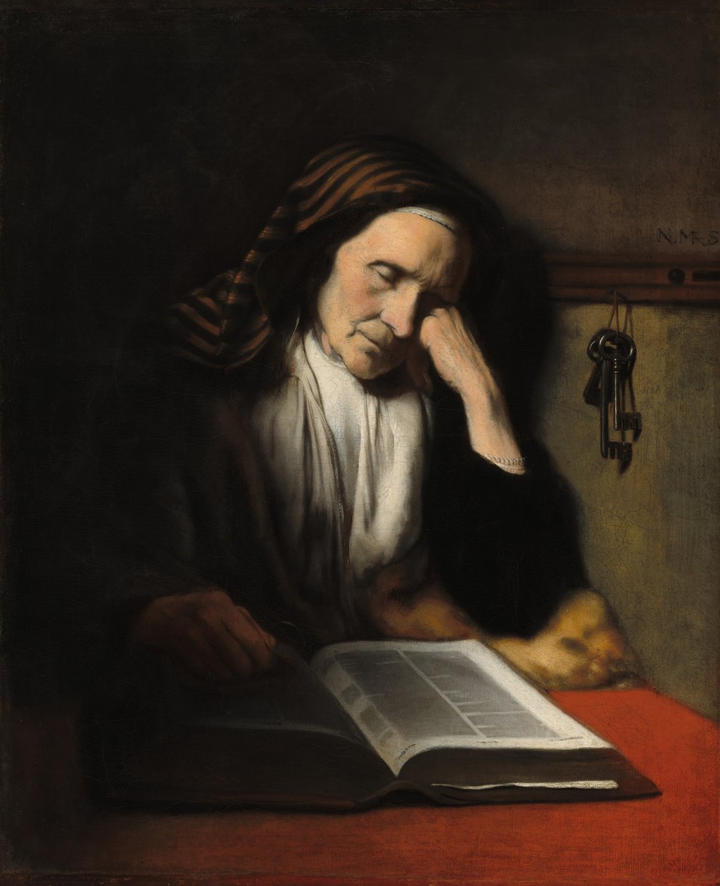 Kitap Üzerinde Uyuyan Yaşlı Bir Kadın, c. 1655. by Nicolaes Maes