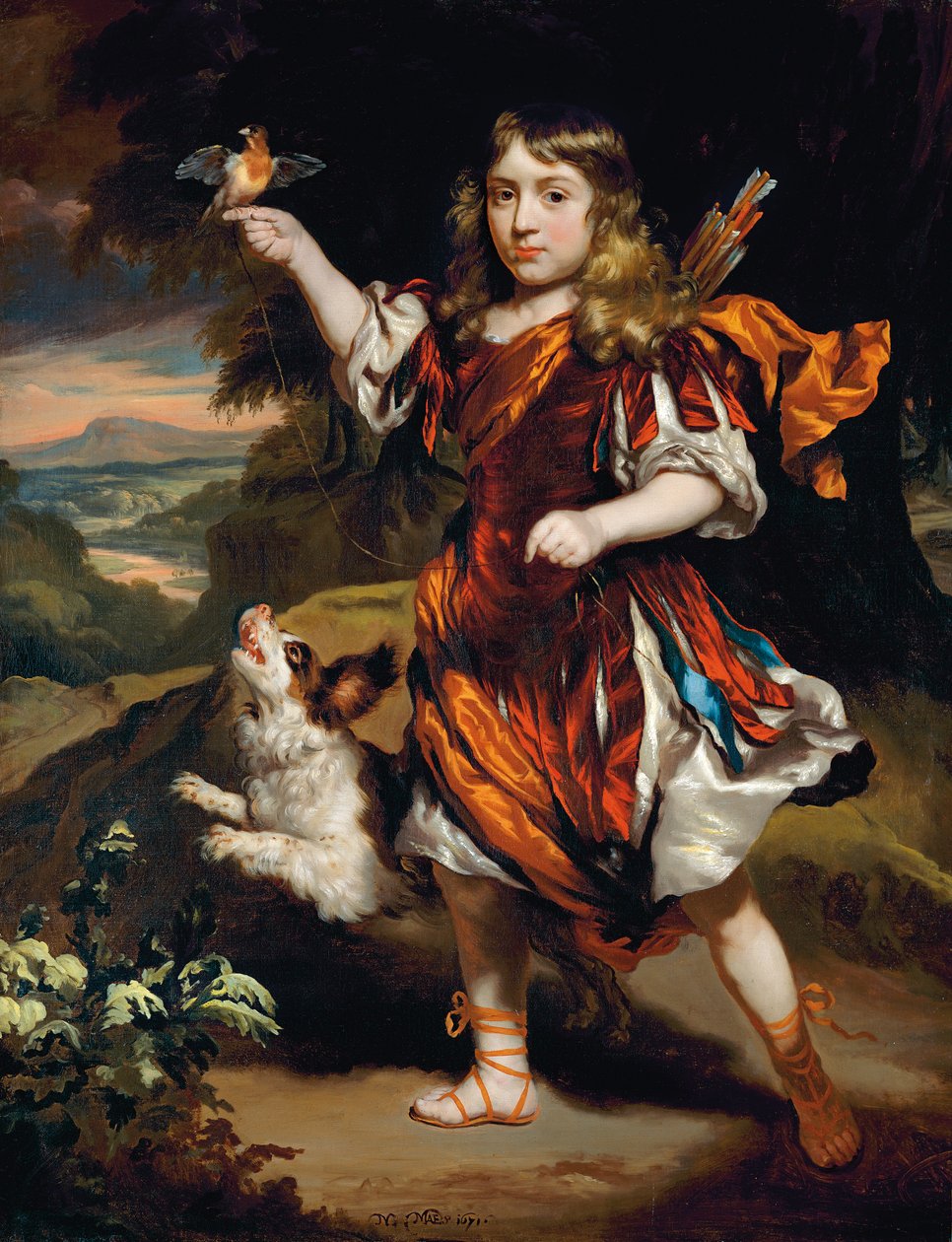 Bir çocuk portresi, Daifilo olarak, gümüş bir cüppenin üzerine kırmızı bir palto giymiş, turuncu bir pelerinli, sağ elinde duran bir kuş, yanında köpeği, bir manzarada by Nicolaes Maes