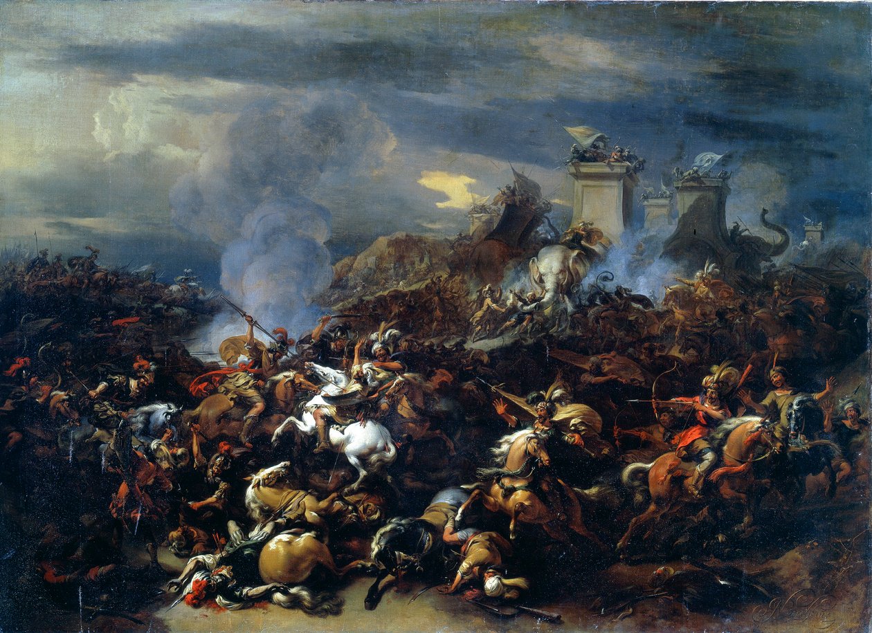 İskender ve Porus arasındaki savaş, MÖ 326, 17. yüzyılın ortalarından sonlarına by Nicolaes Pietersz. Berchem