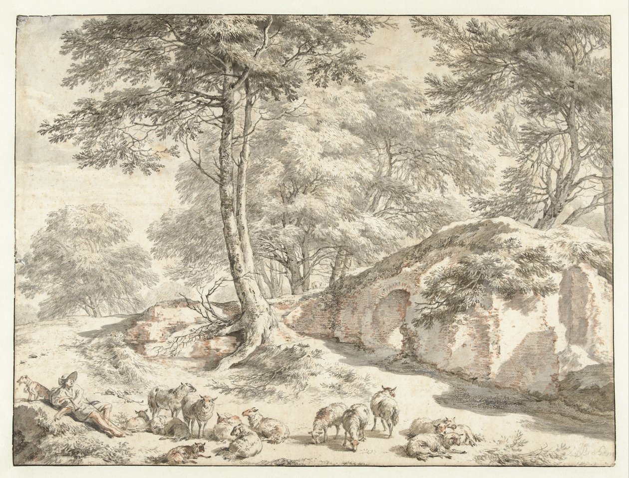 Ağaçların arasında bir harabede koyunlu çoban by Nicolaes Pietersz Berchem