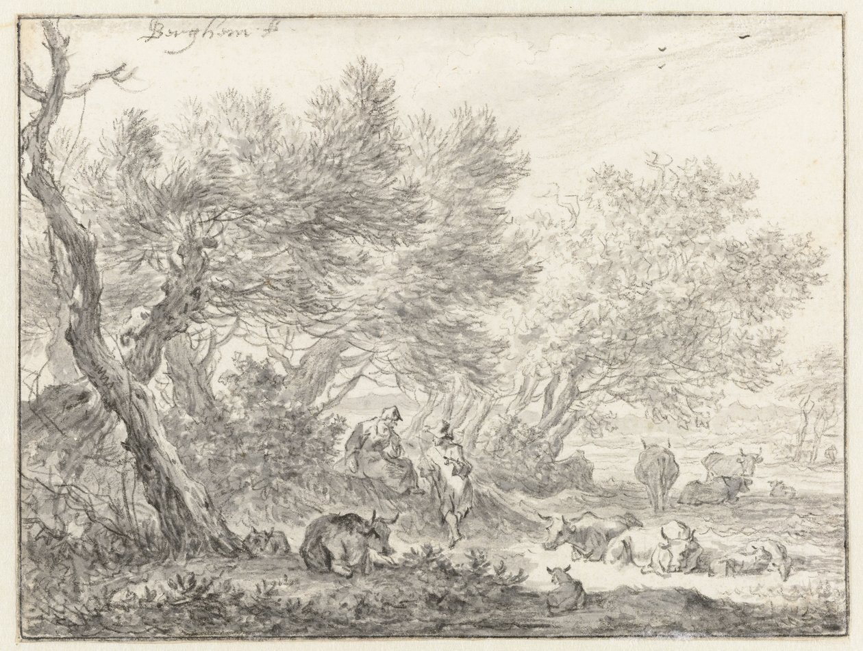Bir grup ağacın yanında çobanlar ve sığırlar by Nicolaes Pietersz Berchem