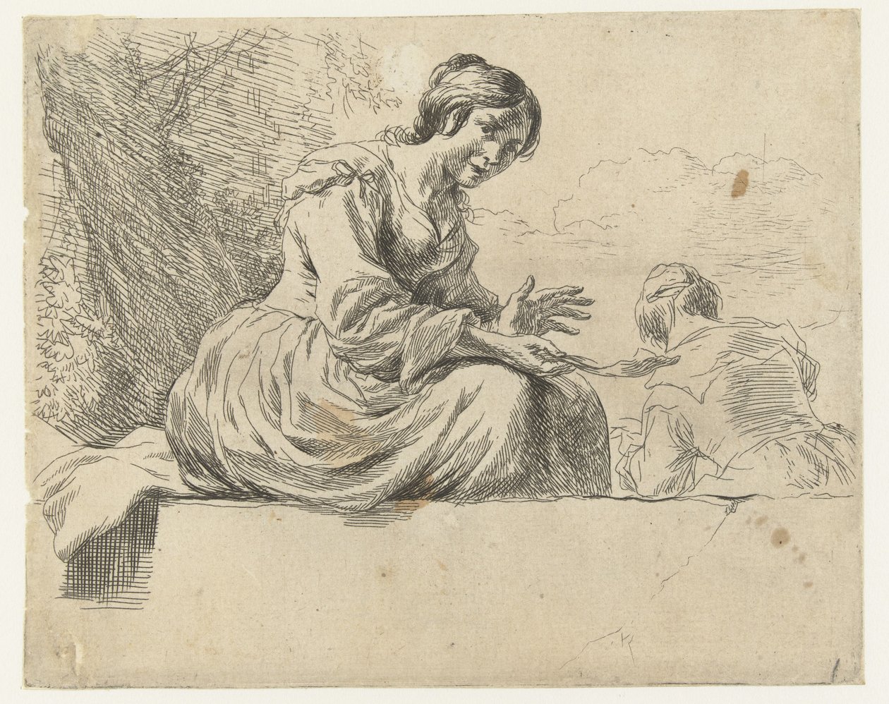 Bir taş üzerinde oturan genç kadın Koyun (dizi adı) Animalia ad vivum delineata et aqua forti aeri impressa Studio ve Arte Nicolai Berchemi (seri başlığı) by Nicolaes Pietersz Berchem