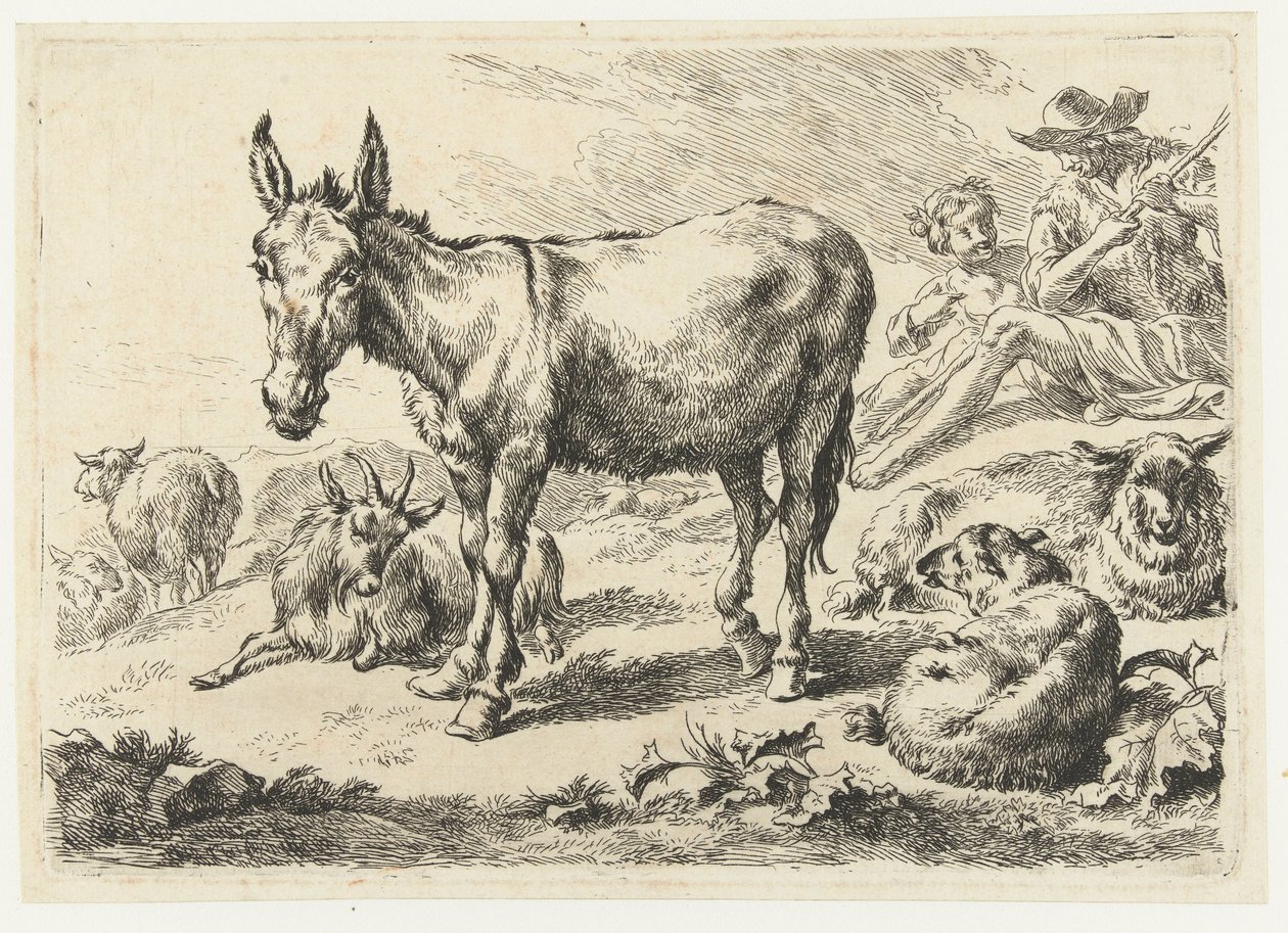 Eşek, koyun, keçi ve çobanlar ile manzara Hayvanlar (dizi adı) by Nicolaes Pietersz Berchem