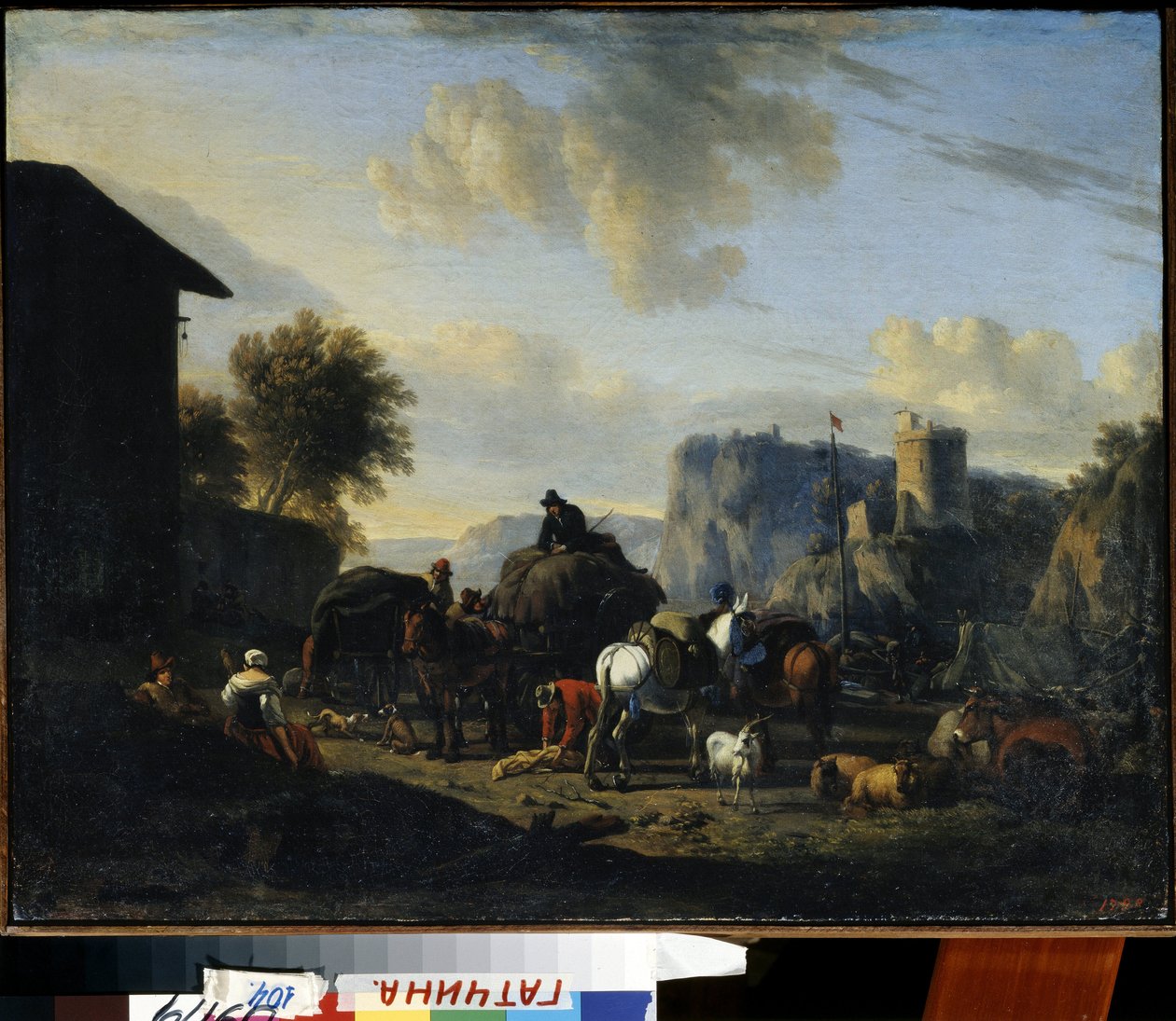 ""Konvoyun geri kalanı"" (Konvoyun geri kalanı) Yolda duran bir grup gezgin çoban. Nicolaes (Claes) Pietersz Berchem the Elder (1620-1683) tarafından tablo 17. yüzyıl Devlet Açık Hava Müzesi Gatchina Sarayı, Sankt Petersburg by Nicolaes Pietersz. Berchem