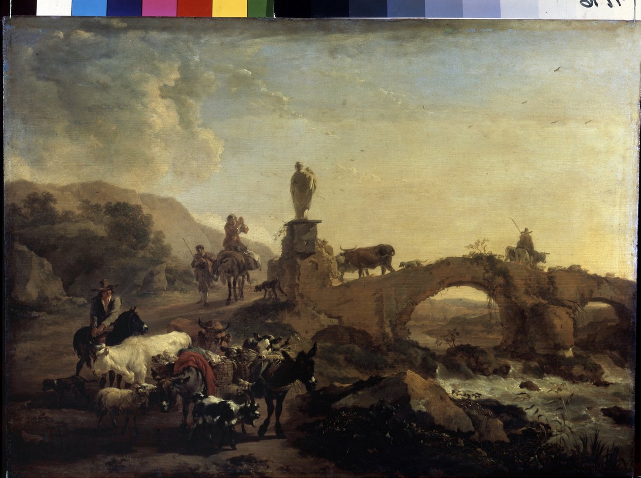 "" Paysage italien au petit pont "" (Küçük Köprülü İtalyan manzarası) Tablo Nicolaes (Claes) Pietersz Berchem l