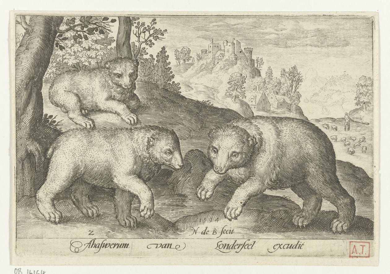 üç ayı Animalivm qvadrvpedvm (dizi başlığı) Manzaralardaki hayvanlar (dizi başlığı) by Nicolaes de Bruyn