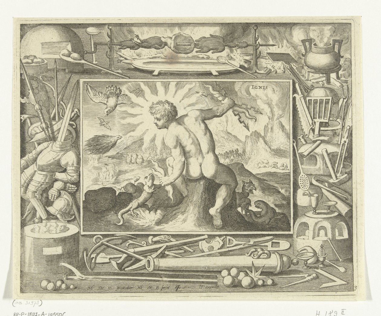 Yıldırım cıvataları olan genç bir adam olarak ateş unsuru Ignis (nesne üzerindeki başlık) Dört Element (dizi adı) by Nicolaes de Bruyn