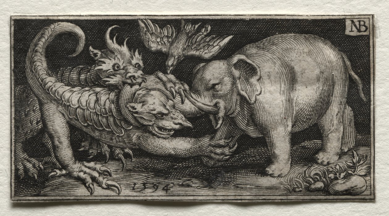İki Canavarla Dövüşen Fil by Nicolaes de Bruyn