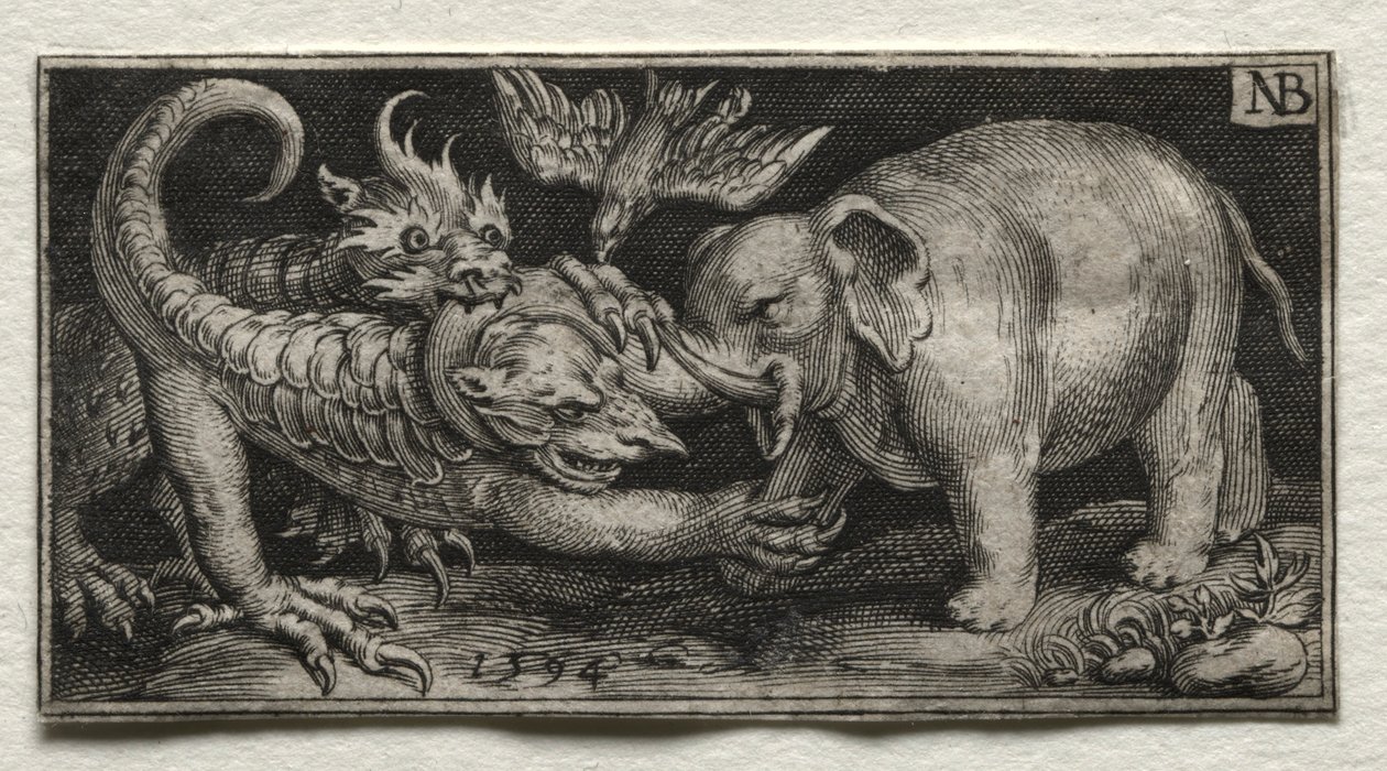 İki Canavarla Dövüşen Fil, 1594. by Nicolaes de Bruyn