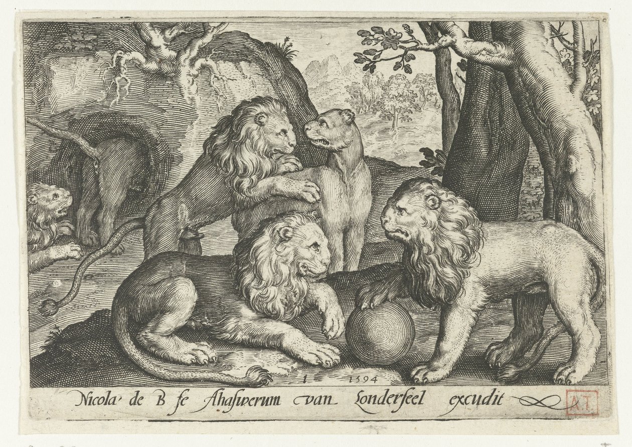 aslanlar Animalivm qvadrvpedvm (dizi başlığı) Manzaralardaki hayvanlar (dizi başlığı) by Nicolaes de Bruyn