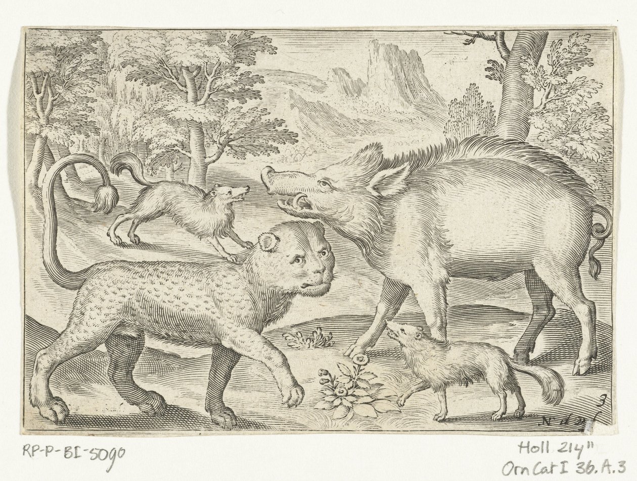 Leopar, yaban domuzu ve köpekler Animalivm qvadrvpedvm (dizi başlığı) Manzaralardaki hayvanlar (dizi başlığı) by Nicolaes de Bruyn